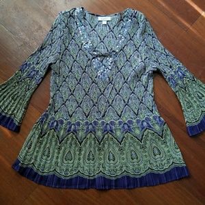 Artsy Print Crinkled Button Down Bell Sleeves Top